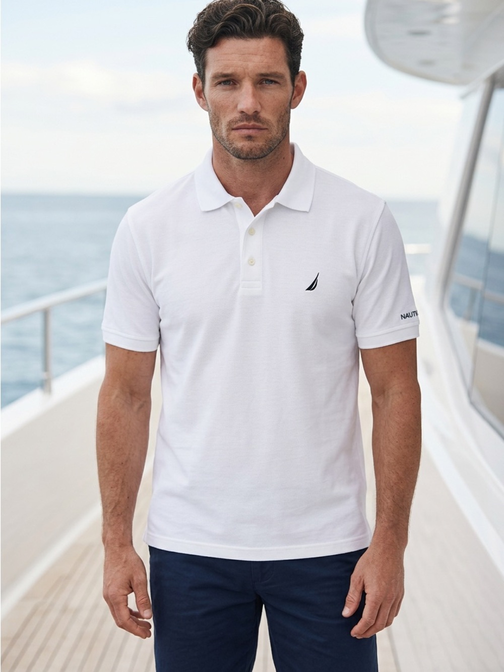 Nautica Mens Sz Large White Classic Fit Short Sleeve Deck Polo Shirt $69.50